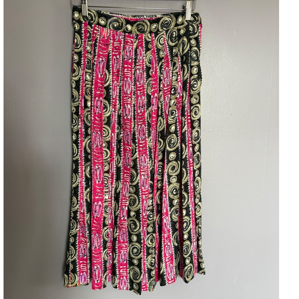 Vintage Segue Pink Abstract Swirl‎ Pleated Midi Skirt High Waisted Small Boho